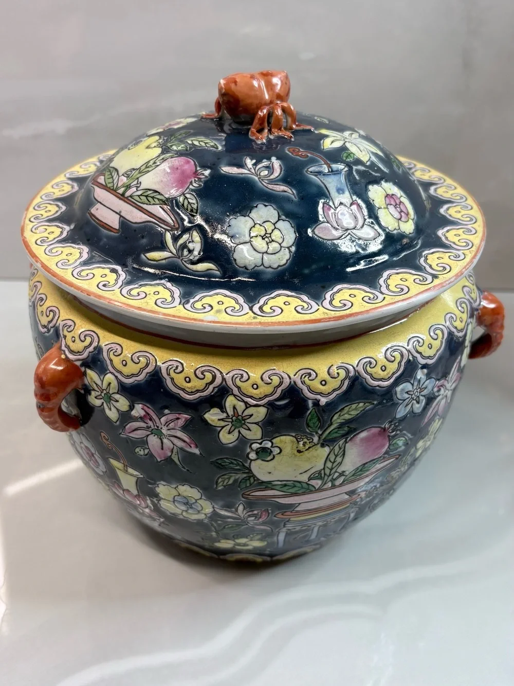 Vintage Chinoiserie Porcelain Ginger Jar Cobalt Blue Floral Lidded Jar